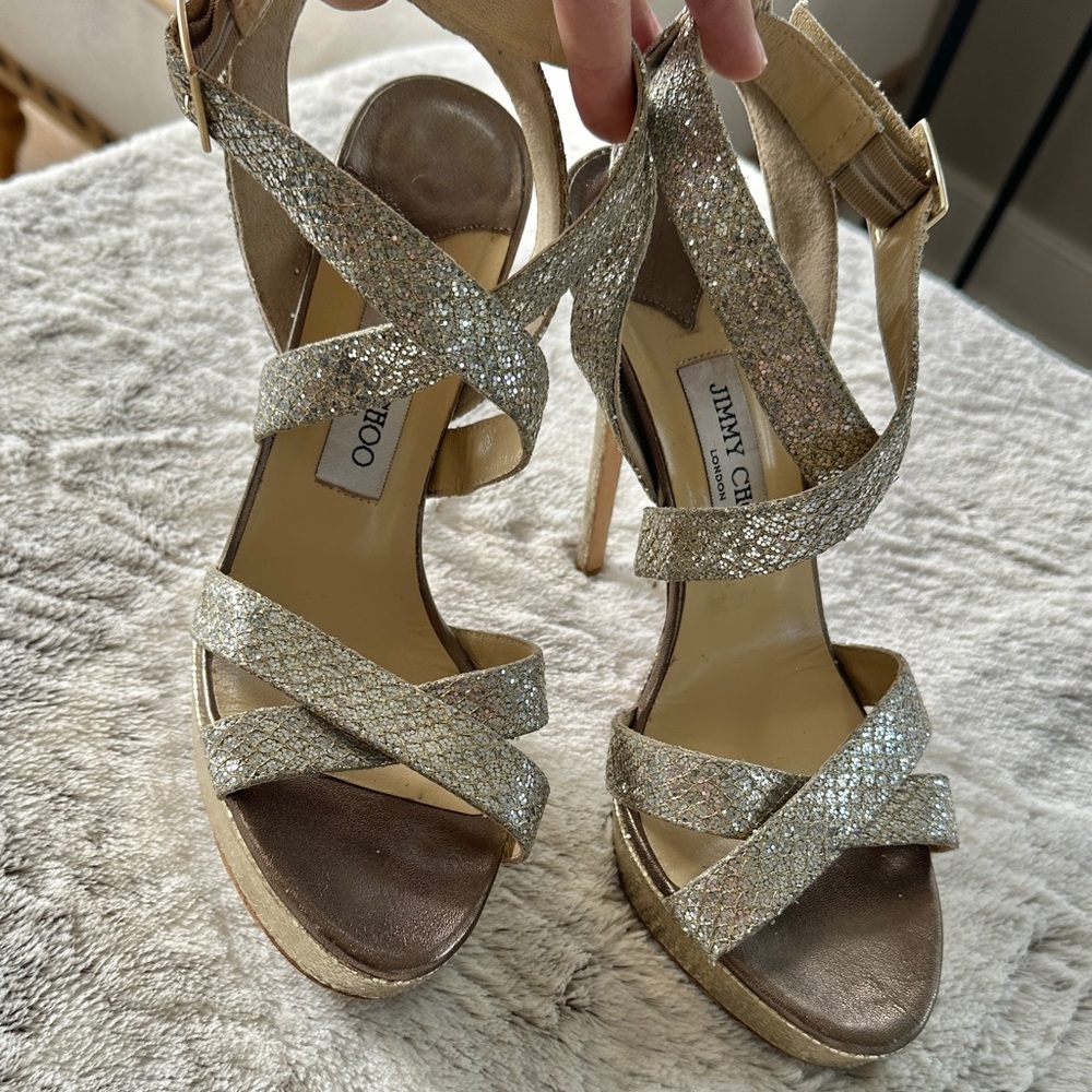Jimmy Choo Vamp Glitter Silver and Gold Platform Heels Size 39.5 - Picture 2 of 7